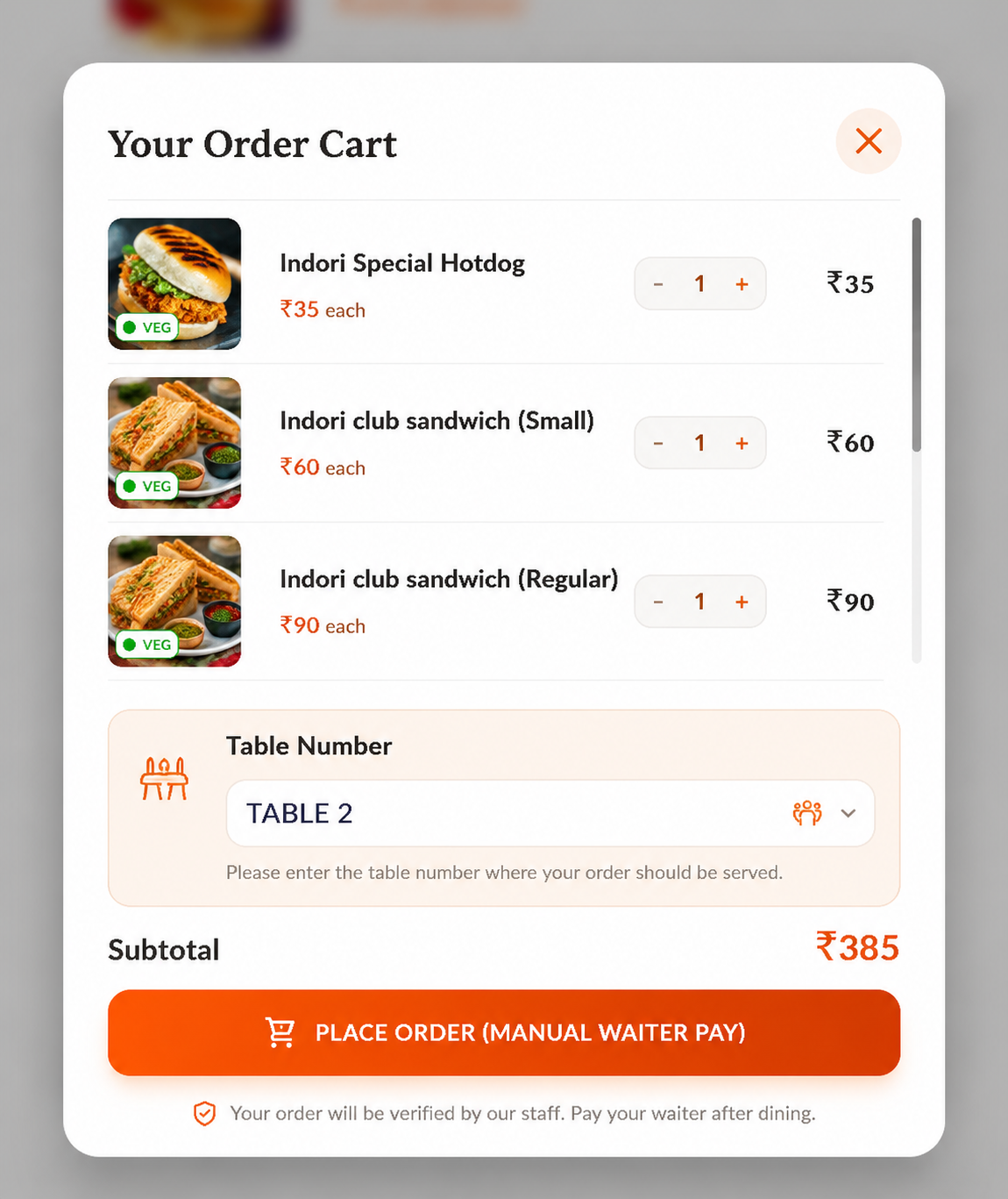 MosQR Table Ordering Cart Screenshot